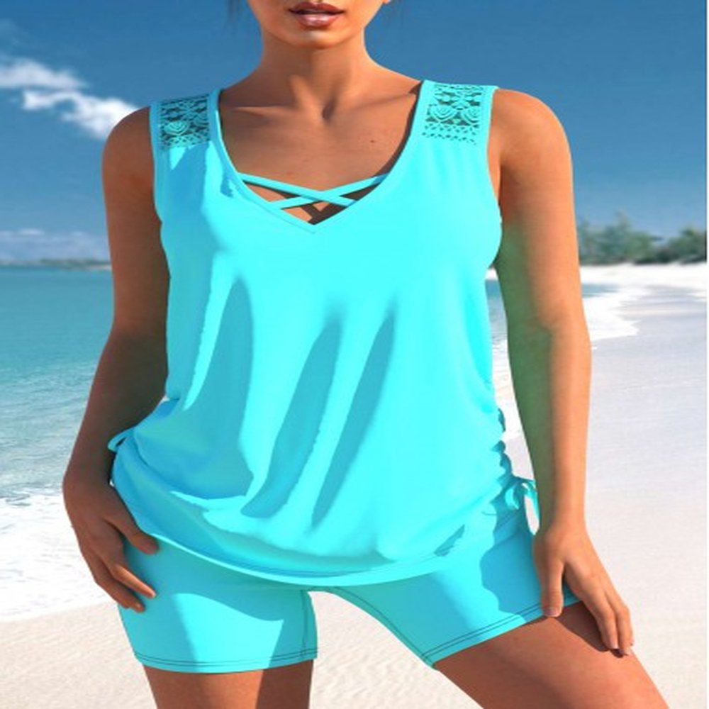 modlily lace patchwork cyan cross strap tankini set m