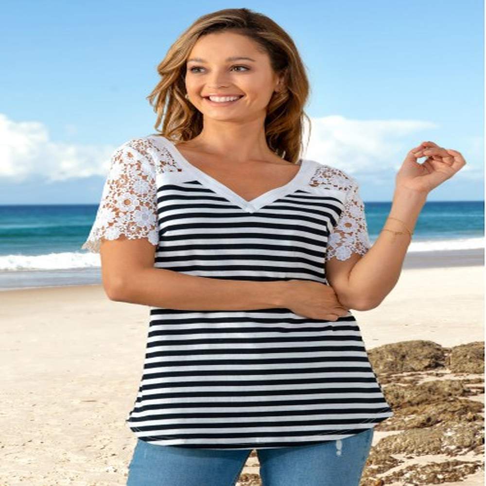 modlily lace patchwork short sleeve v neck striped t shirt