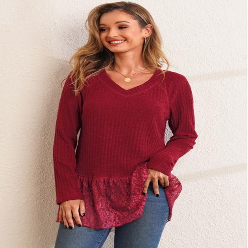 modlily lace patchwork solid long sleeve v neck t shirt