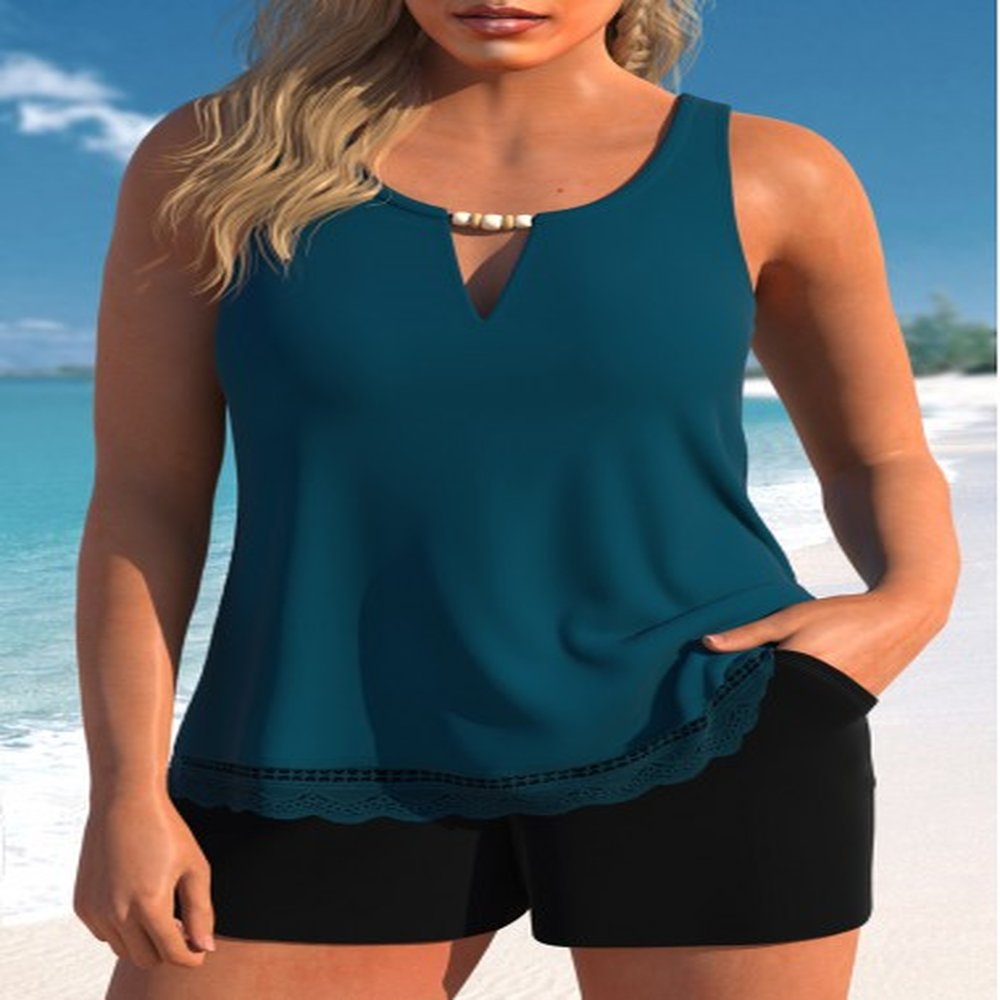 modlily lace scoop neck peacock blue tankini set xxl