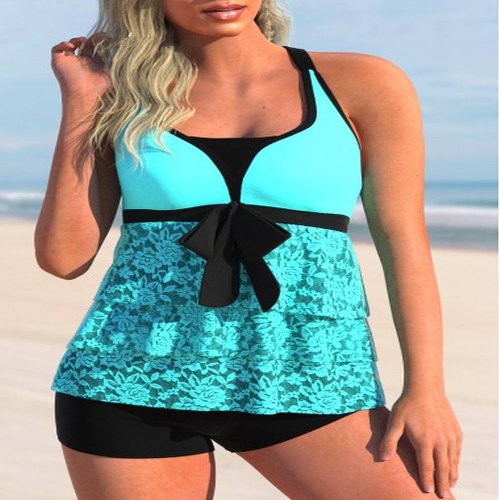 modlily lace stitching layered hem cyan tankini top s