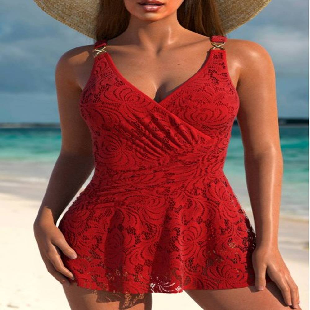 modlily lace surplice red one piece swimdress m