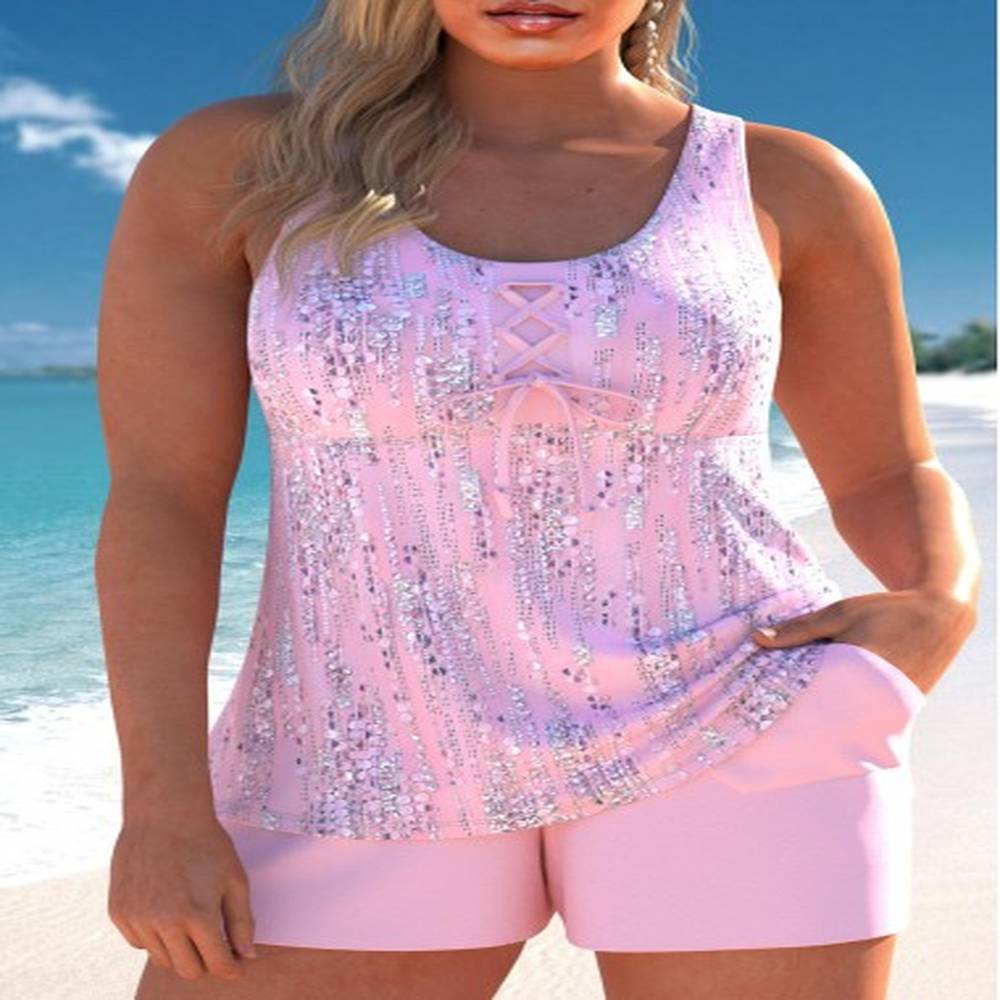 modlily lace up geometric print pink tankini set m
