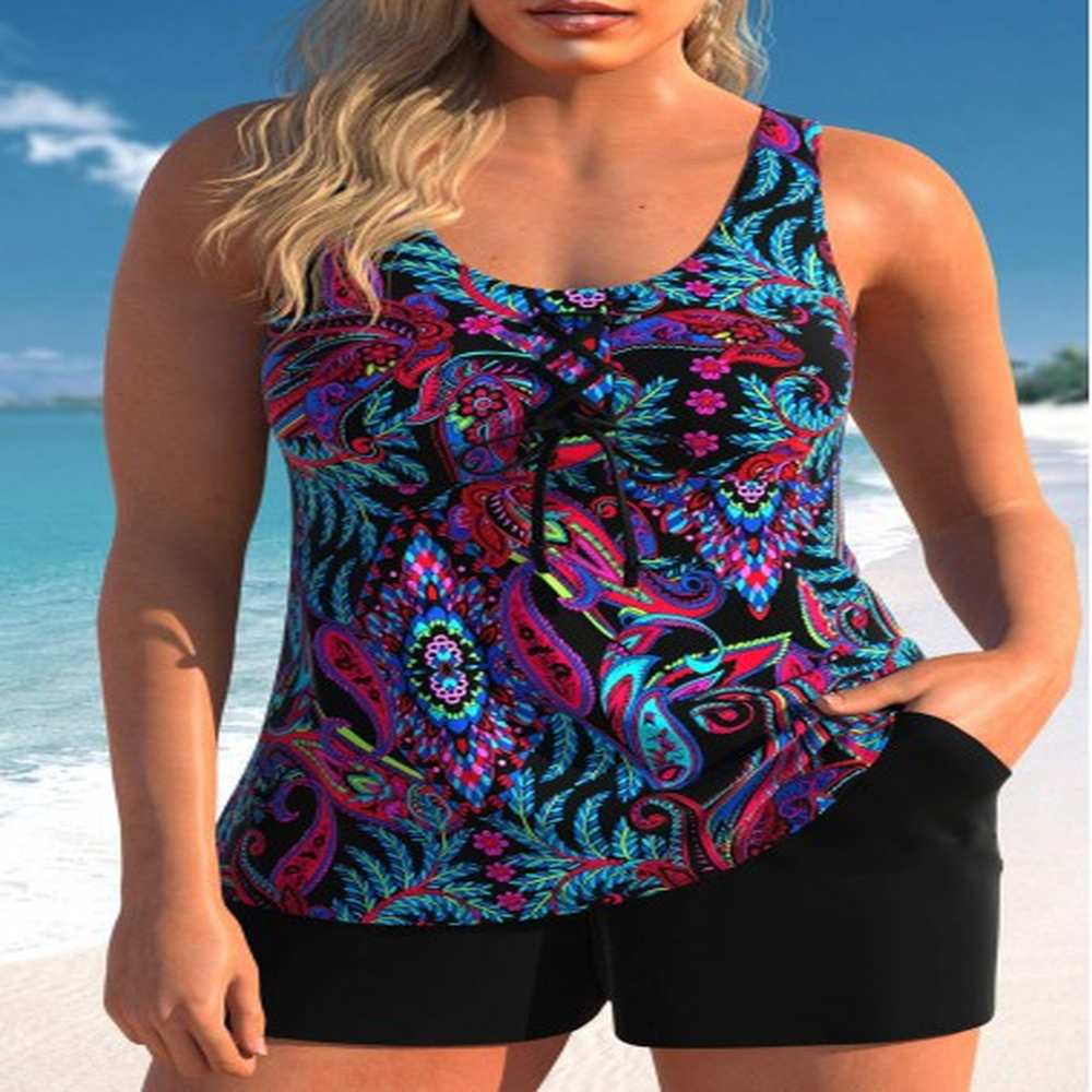 modlily lace up paisley print black tankini set m