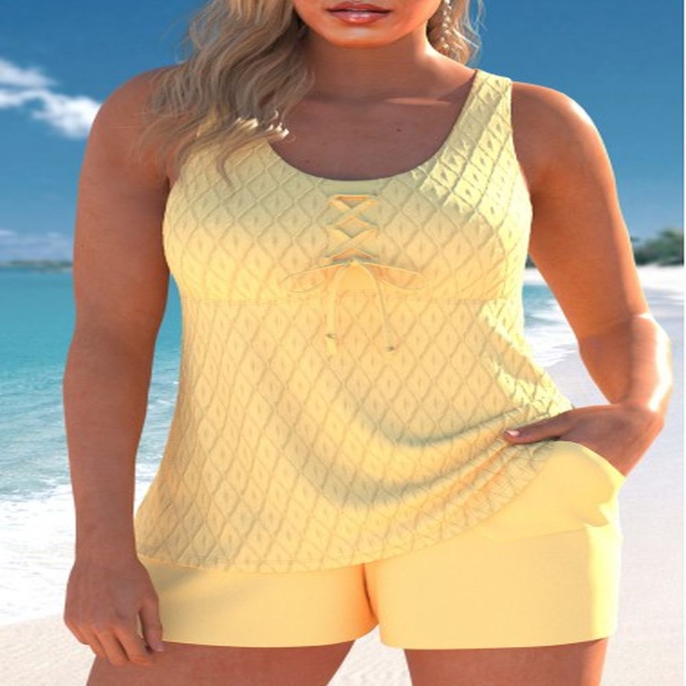 modlily lace up pocket light yellow tankini set xl