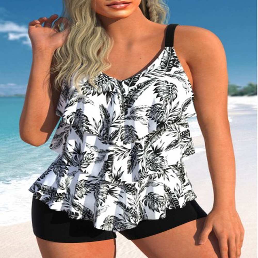 modlily layered leaf print white tankini top s