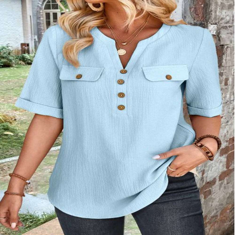 modlily light blue button half sleeve high neck blouse