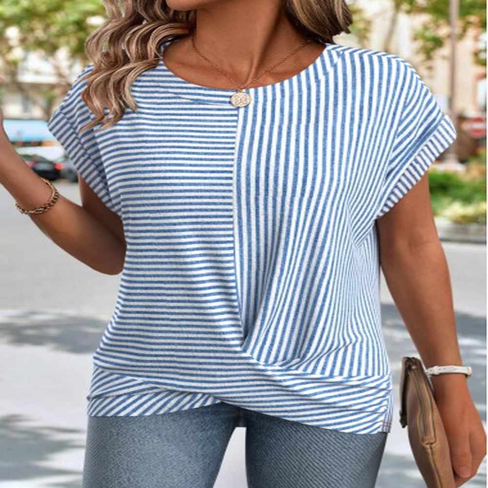modlily light blue cross hem striped short sleeve t shirt