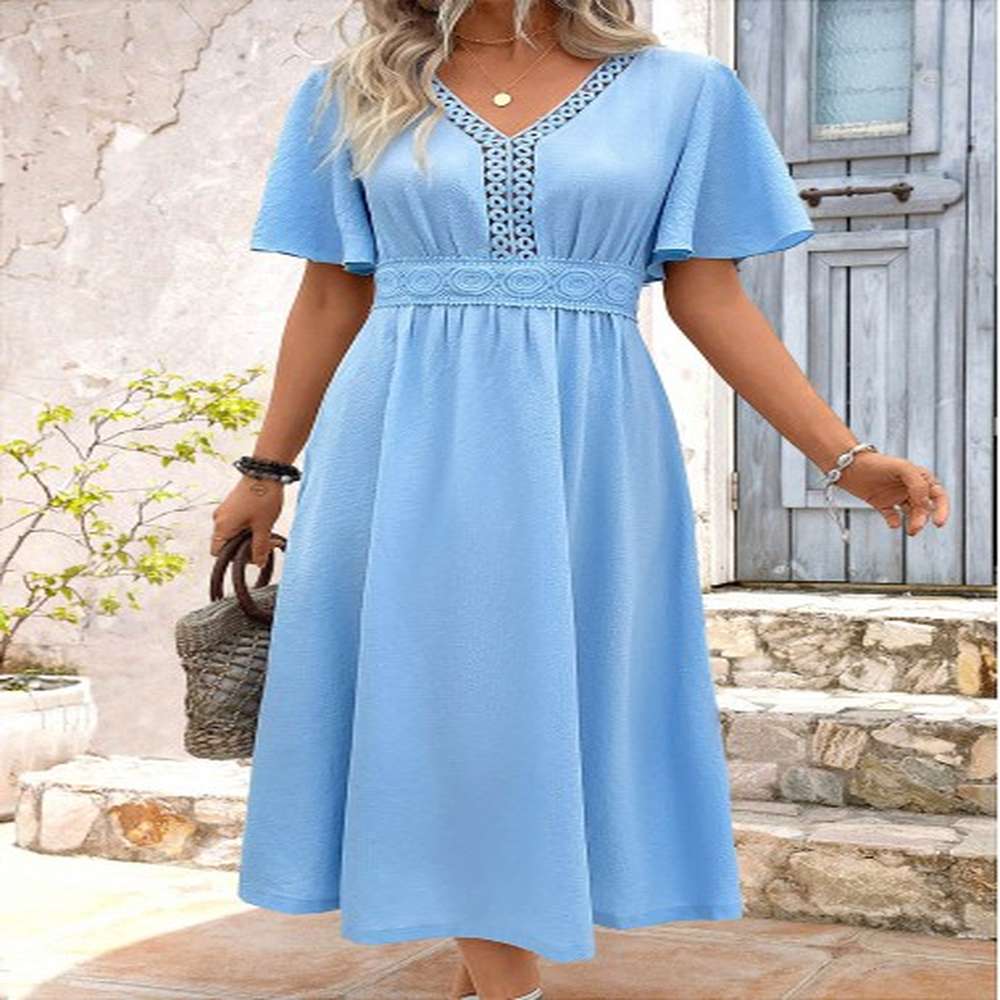 modlily light blue embroidery short sleeve v neck dress