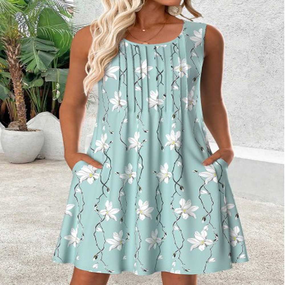 modlily light blue floral print short sleeveless scoop neck dress