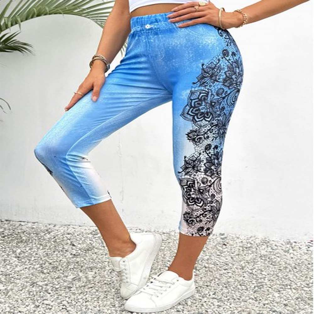 modlily light blue floral print skinny elastic waist pants