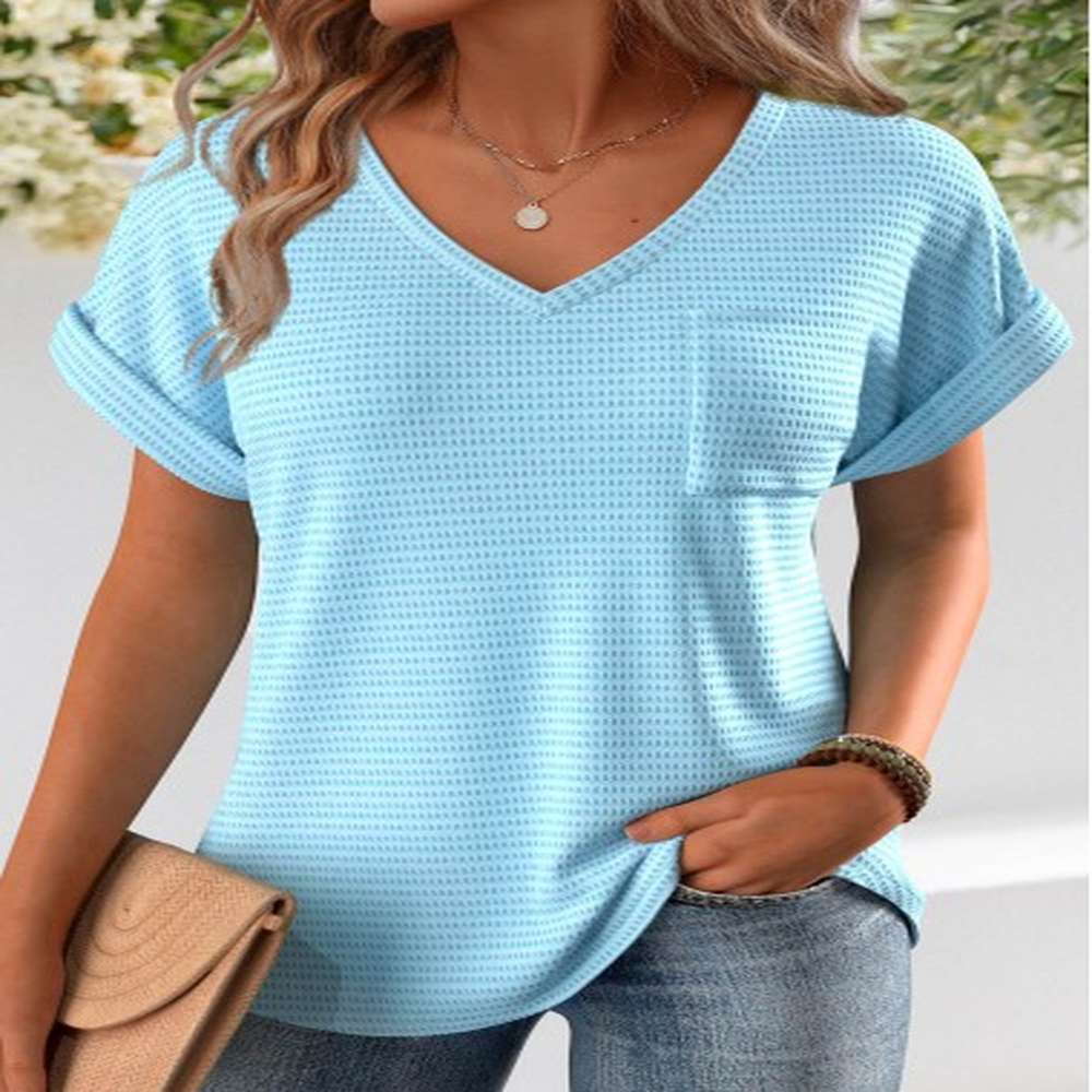 modlily light blue jacquard short sleeve v neck t shirt