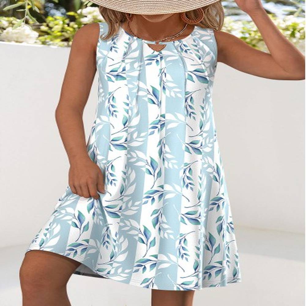 modlily light blue leaf print a line sleeveless dress