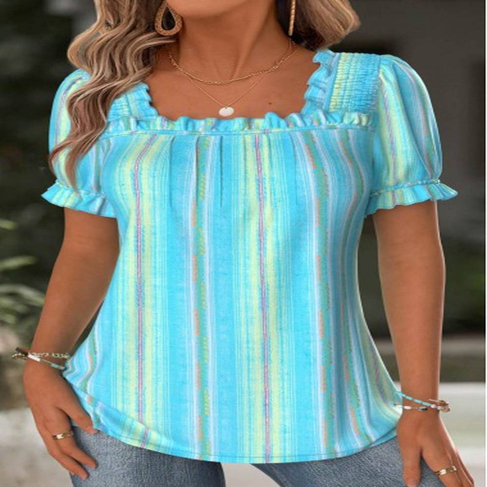 modlily light blue multi stripe print short sleeve blouse