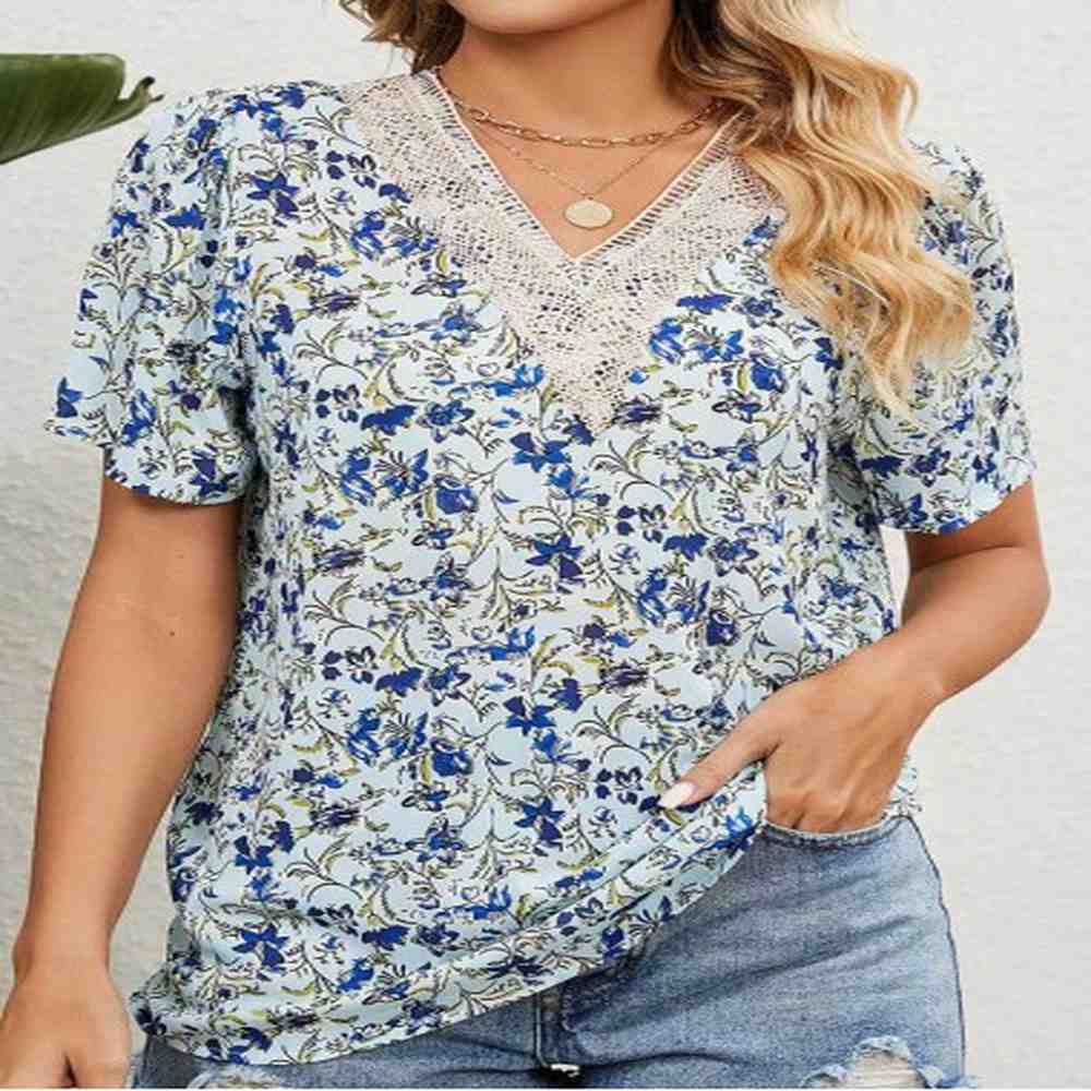 modlily light blue patchwork floral print short sleeve blouse