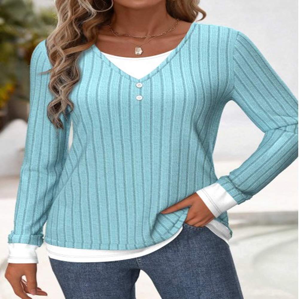 modlily light blue patchwork long sleeve round neck blouse