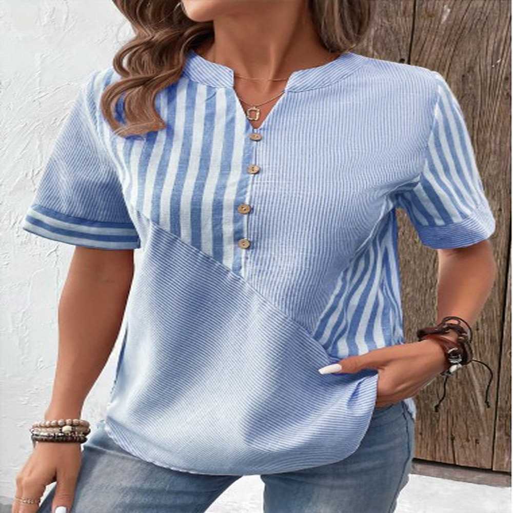 modlily light blue patchwork striped short sleeve split neck blouse