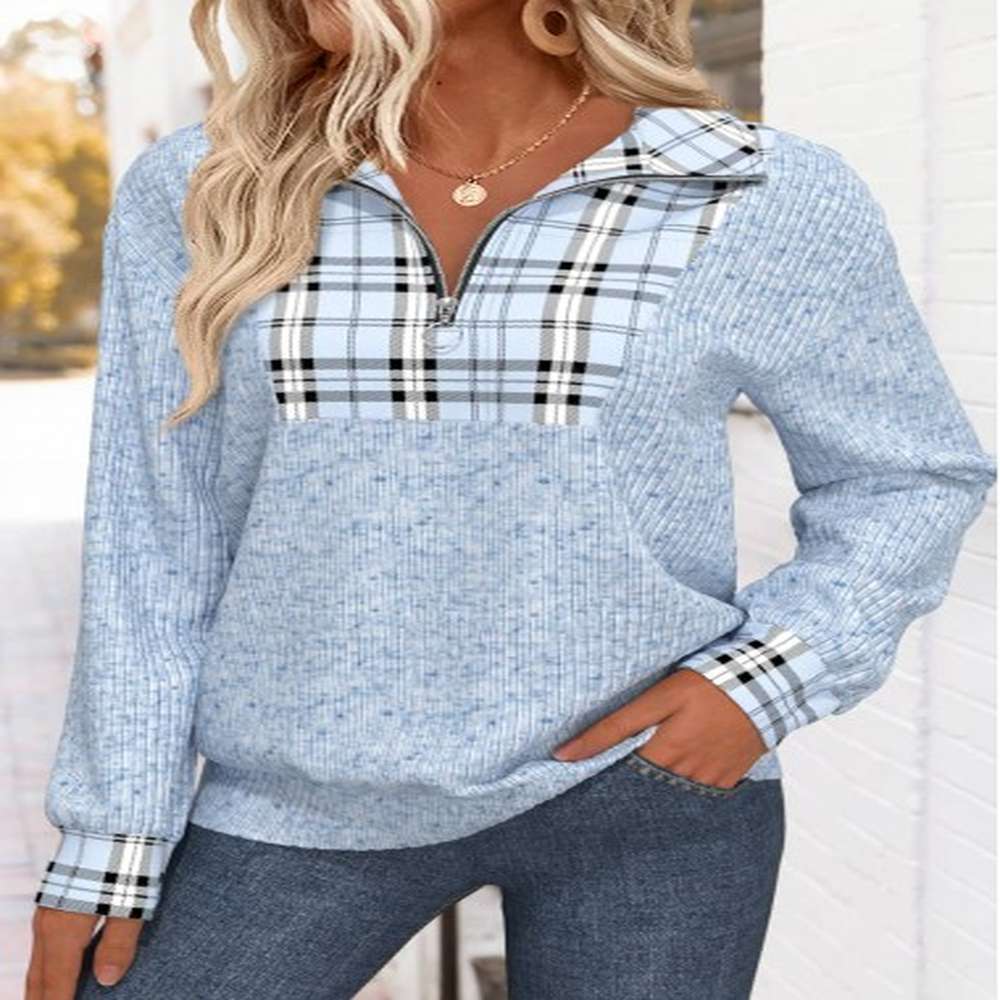 modlily light blue plaid long sleeve turn down collar sweatshirt