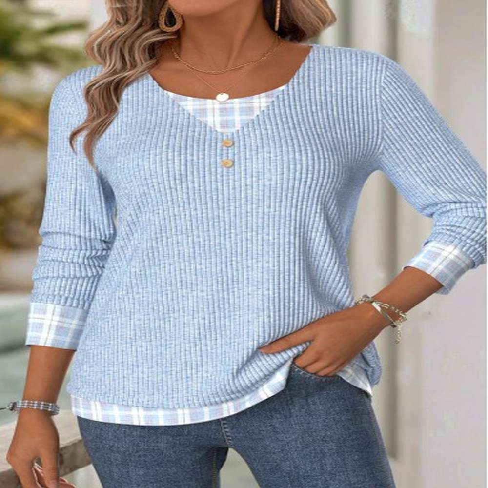 modlily light blue plaid long sleeve v neck t shirt