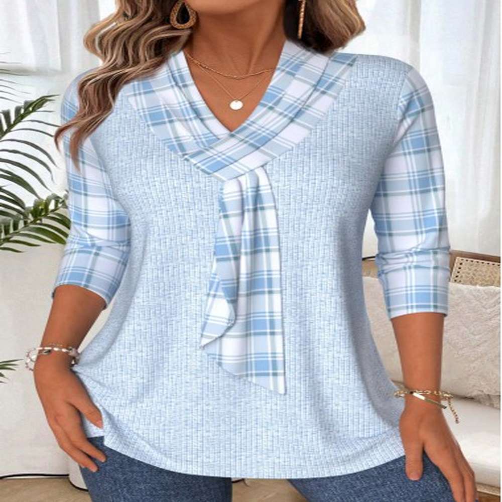 modlily light blue plaid sleeve v neck t shirt