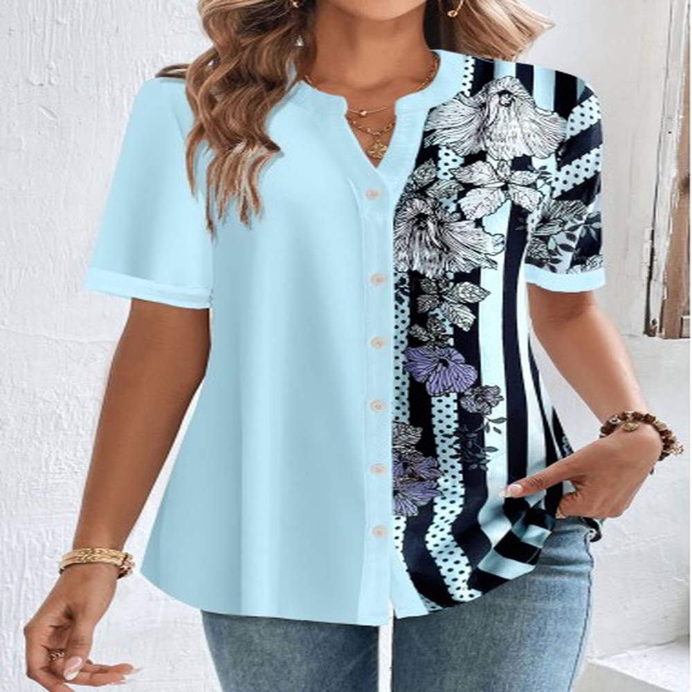 modlily light blue short sleeve blouse with button floral print