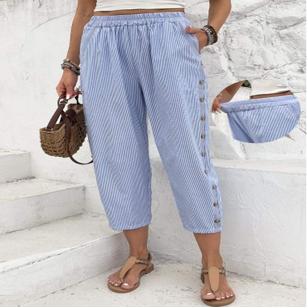 modlily light blue striped straight leg elastic waist pants