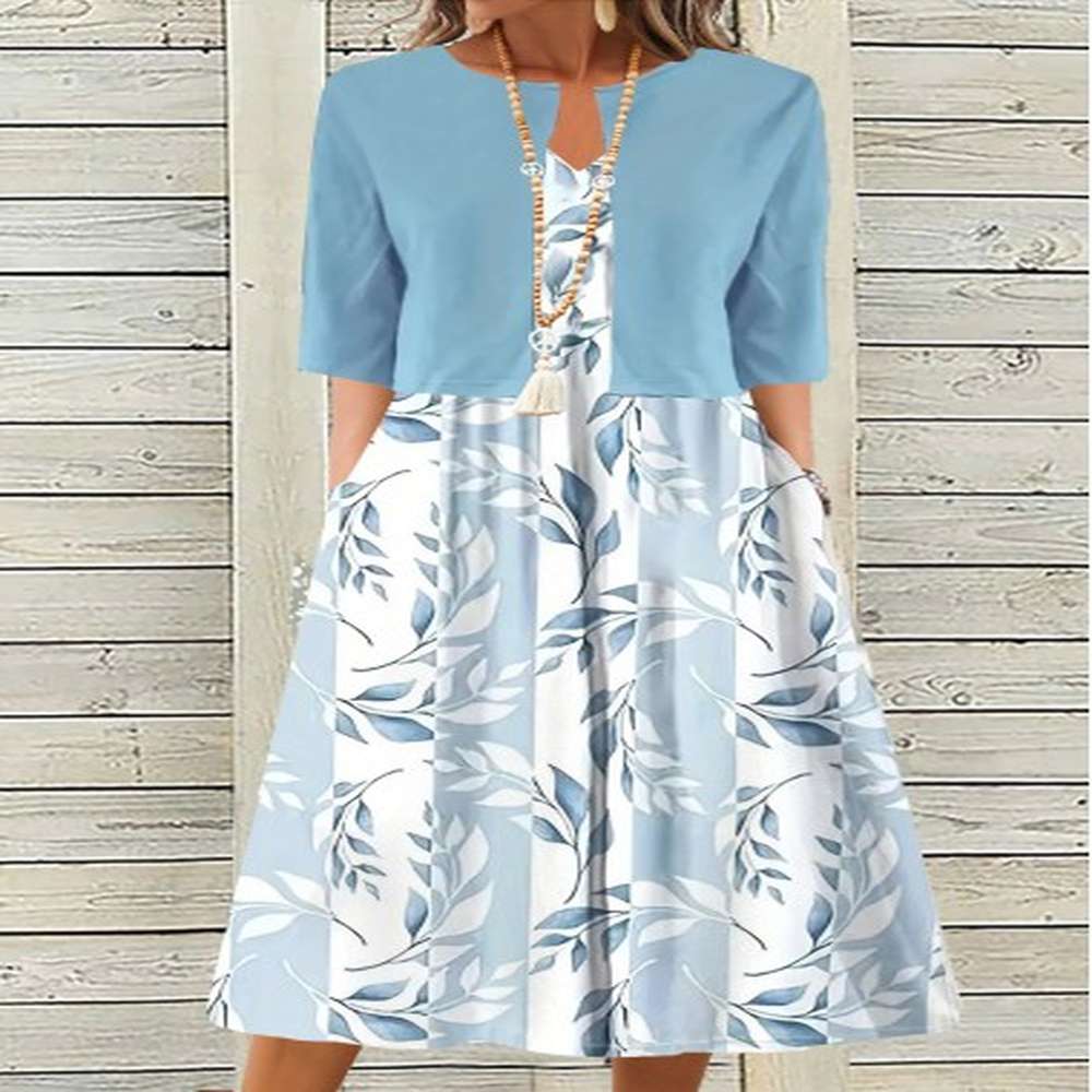 modlily light blue two piece leaf print dress and cardigan