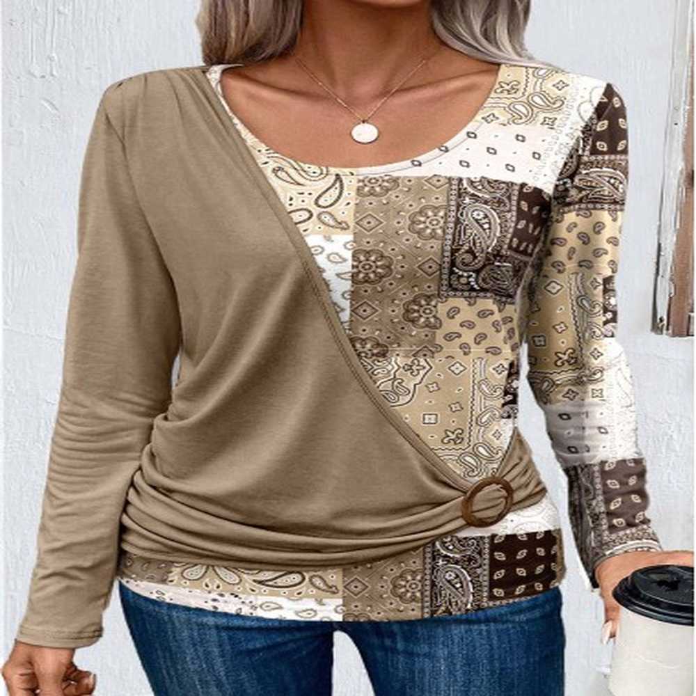 modlily light camel asymmetry patchwork long sleeve t shirt