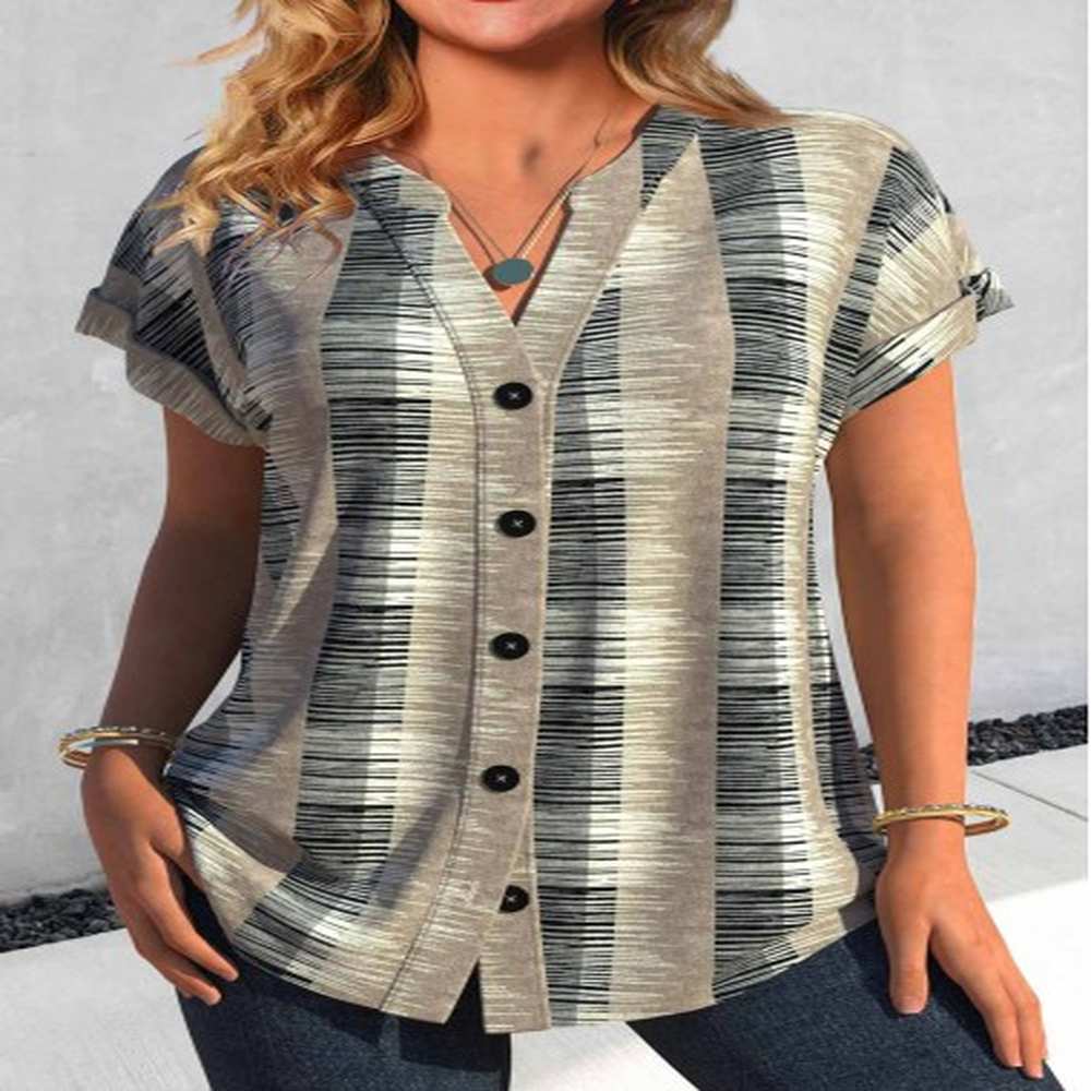 modlily light camel button geometric print short sleeve blouse