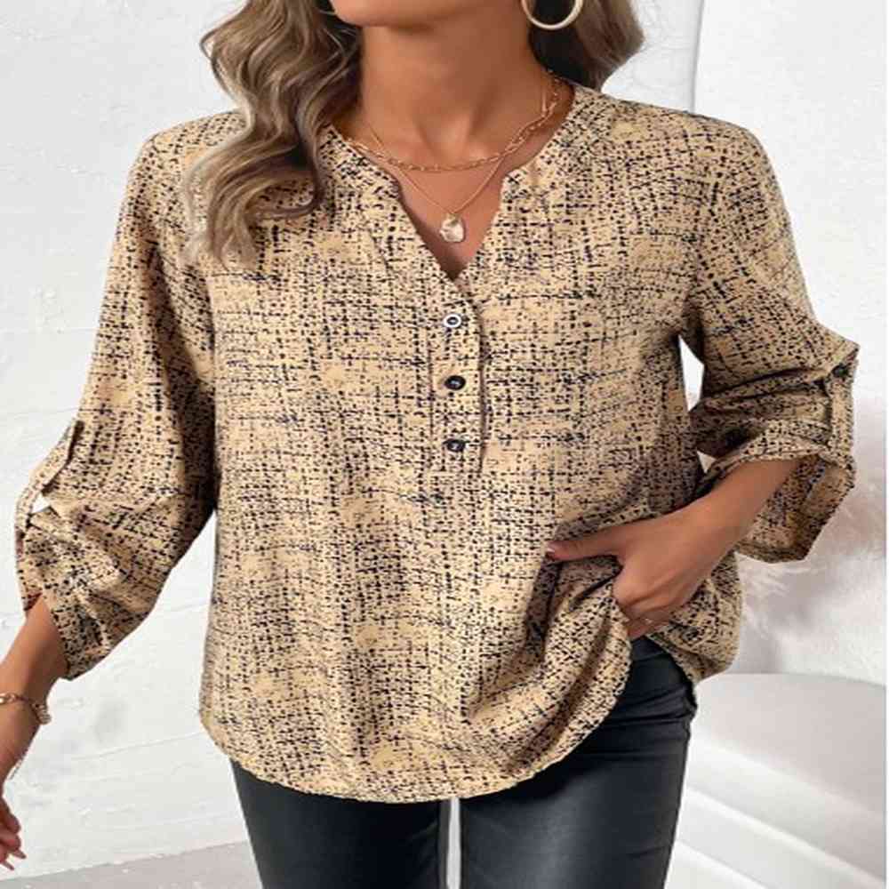 modlily light camel button graffiti print long sleeve shirt