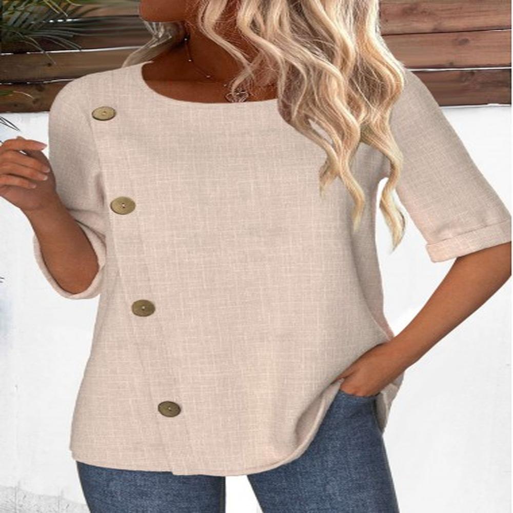 modlily light camel button half sleeve round neck blouse