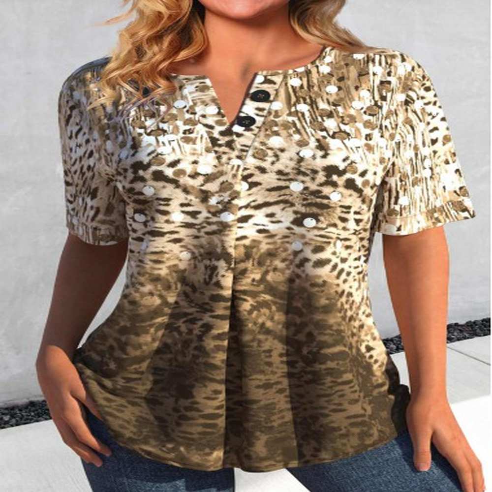 modlily light camel button leopard short sleeve blouse s