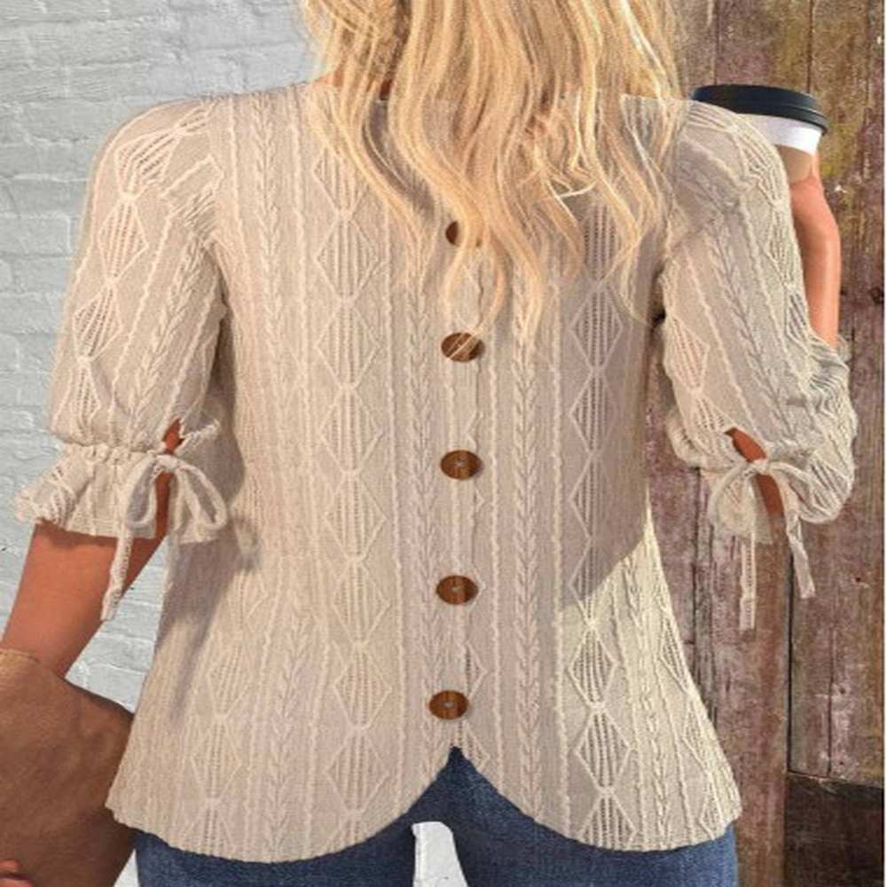 modlily light camel button sleeve round neck blouse
