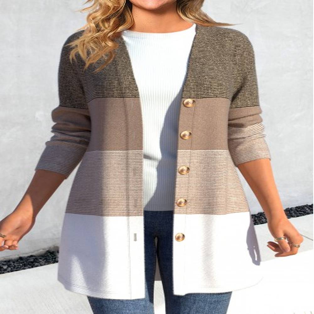 modlily light camel button striped long sleeve coat xxl