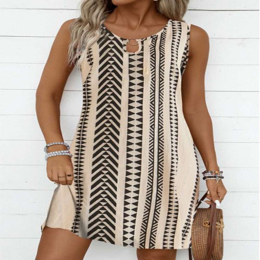 modlily light camel circular ring striped a line sleeveless dress