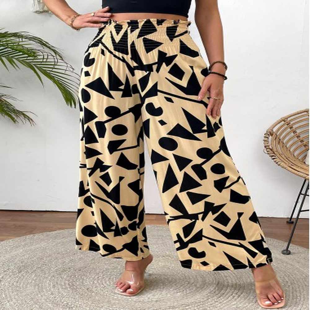 modlily light camel geometric print wide leg elastic waist pants