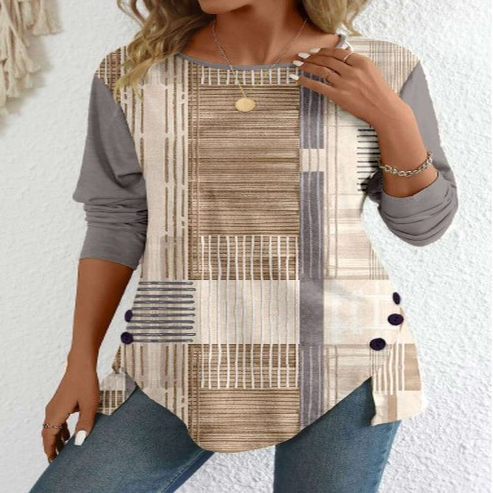 modlily light camel patchwork graffiti print long sleeve t shirt