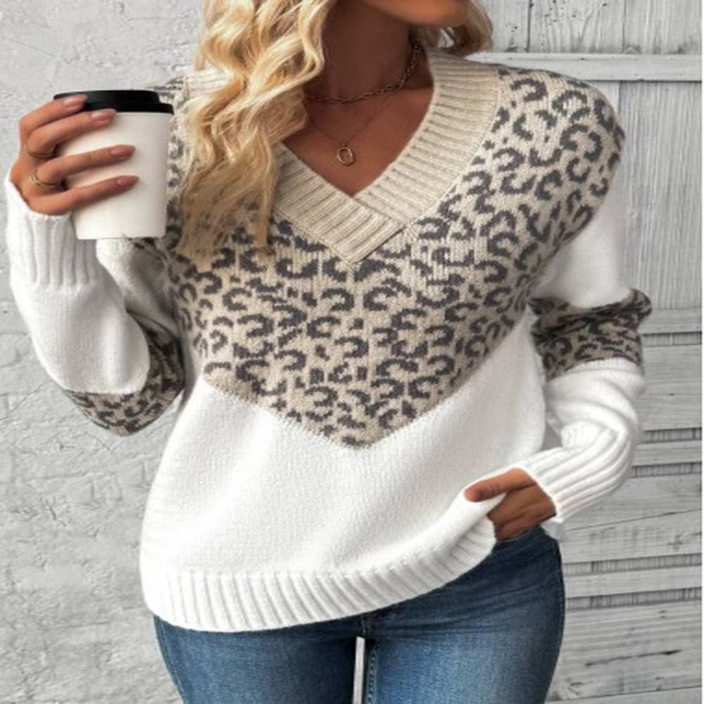 modlily light camel patchwork leopard long sleeve v neck sweater