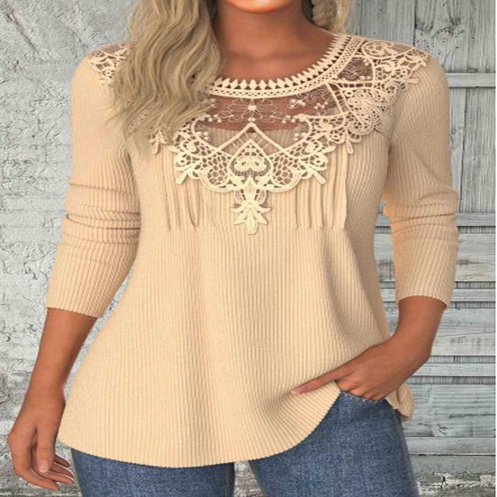 modlily light camel patchwork long sleeve round neck t shirt