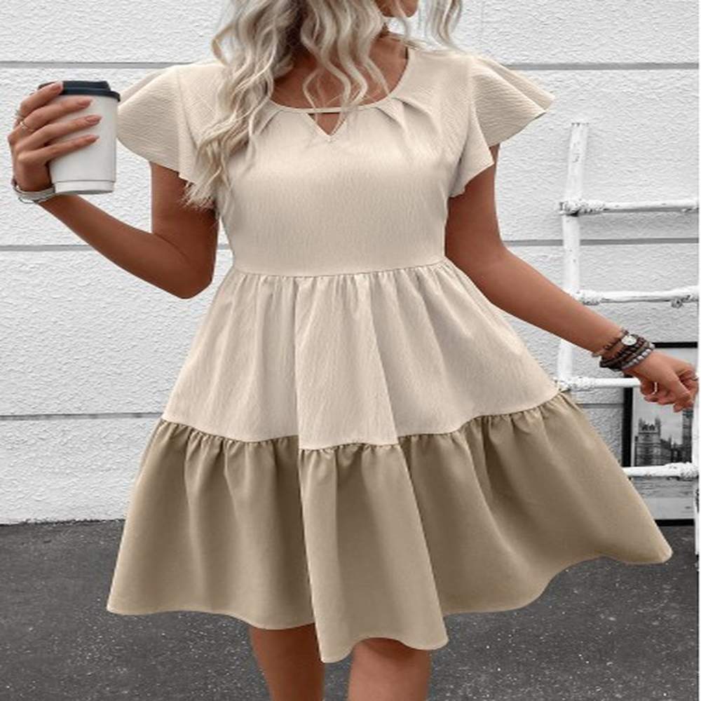 modlily light camel patchwork short sleeve round neck dress