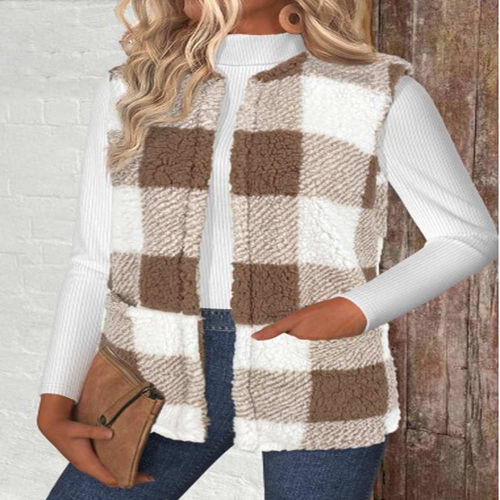 modlily light camel plaid sleeveless round neck waistcoat m