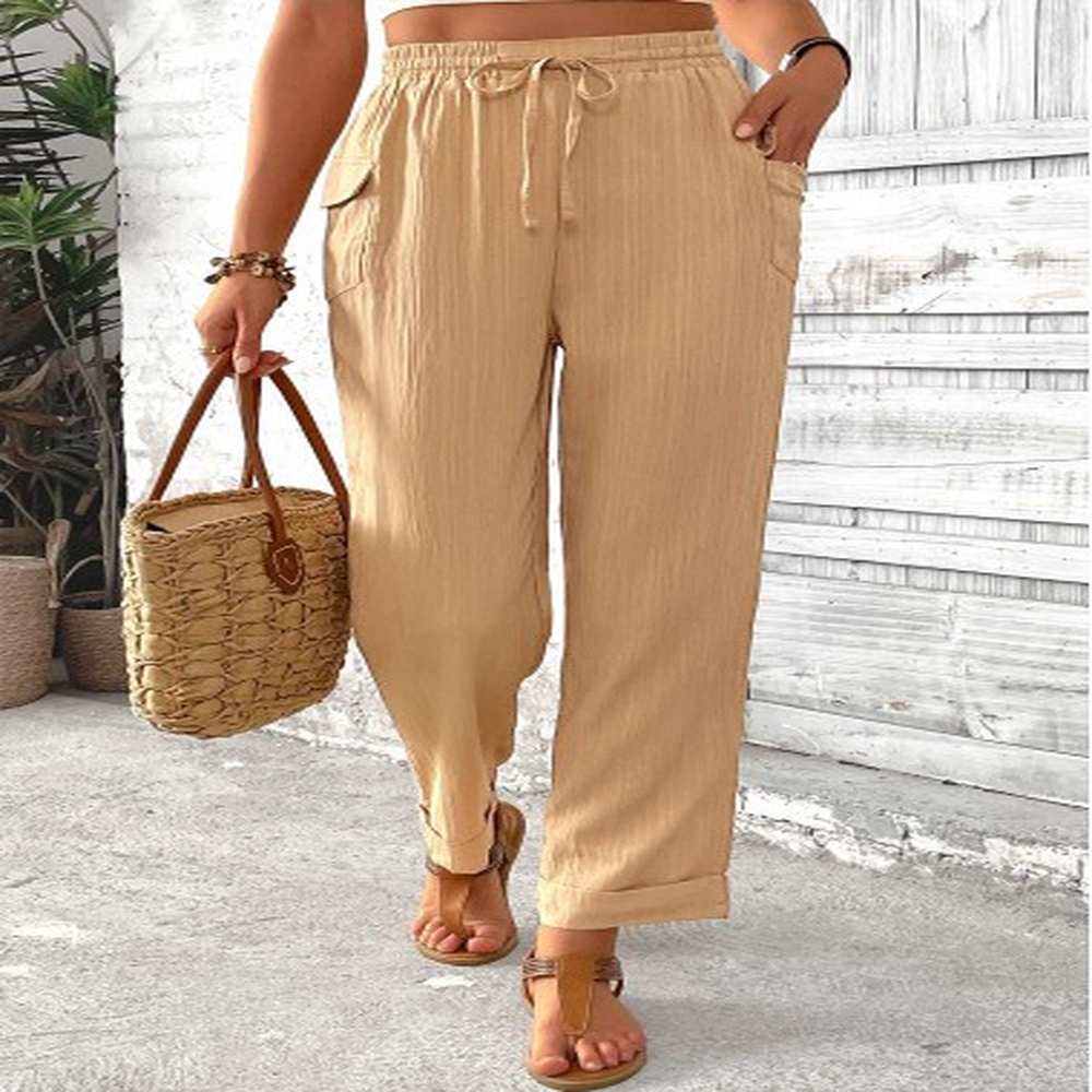 modlily light camel pocket straight leg elastic waist pants