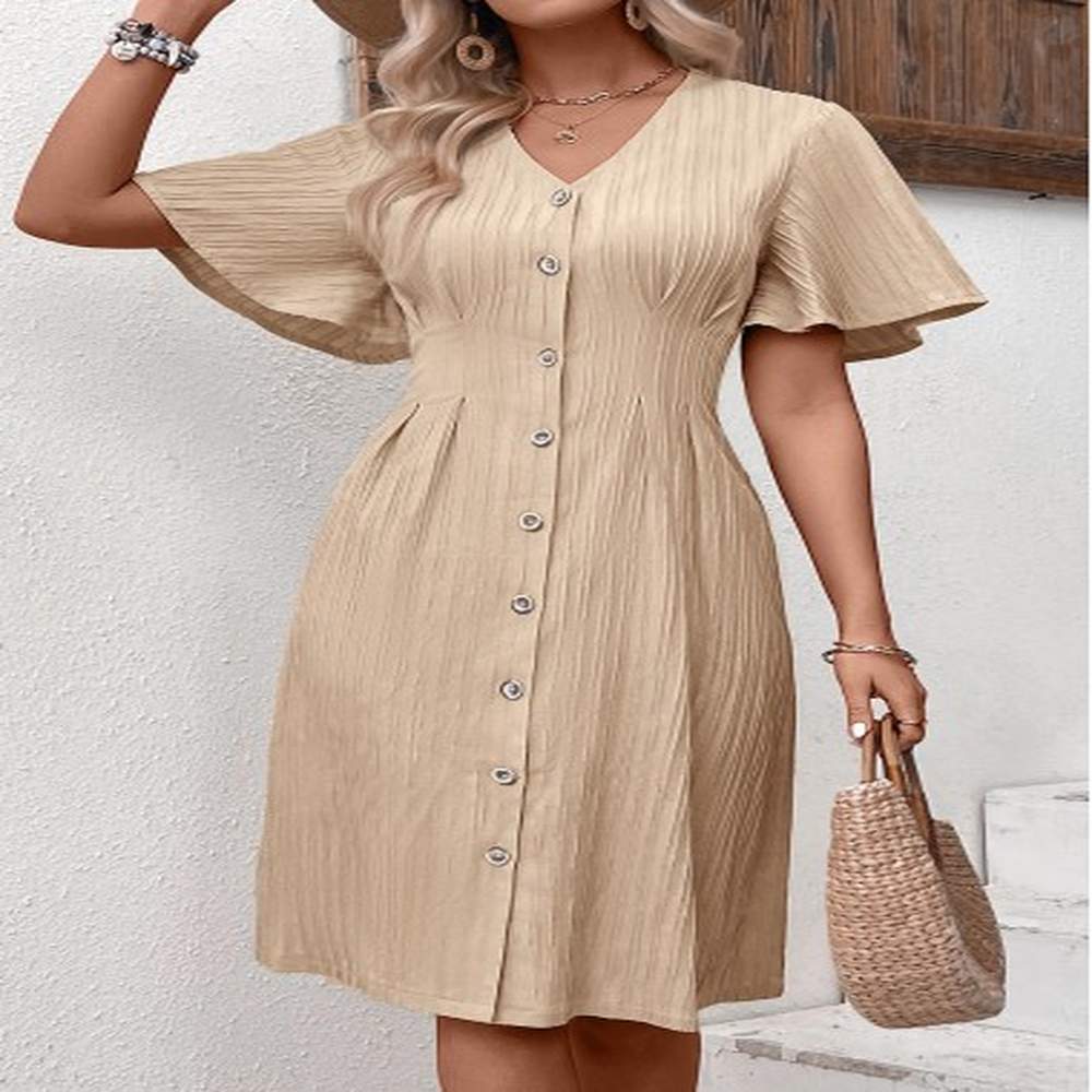 modlily light camel textured fabric short sleeve v neck dress