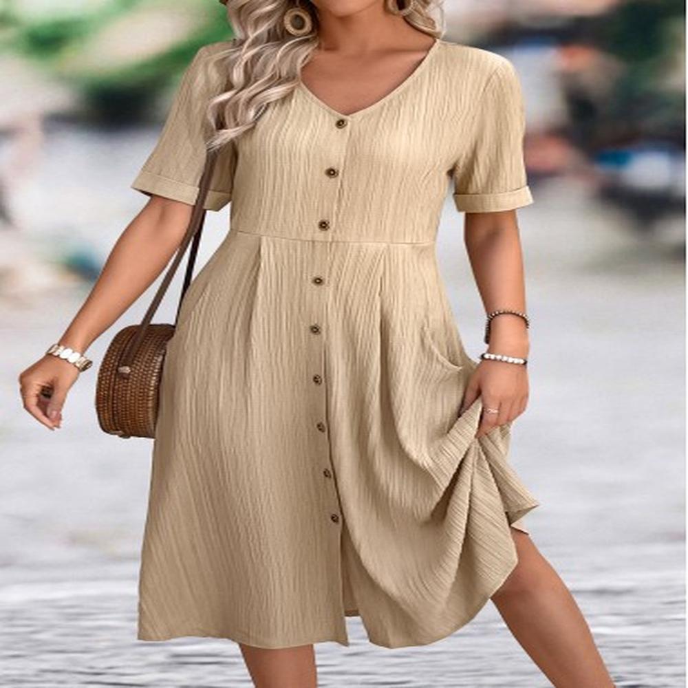 modlily light coffee a line short sleeve v neck dress