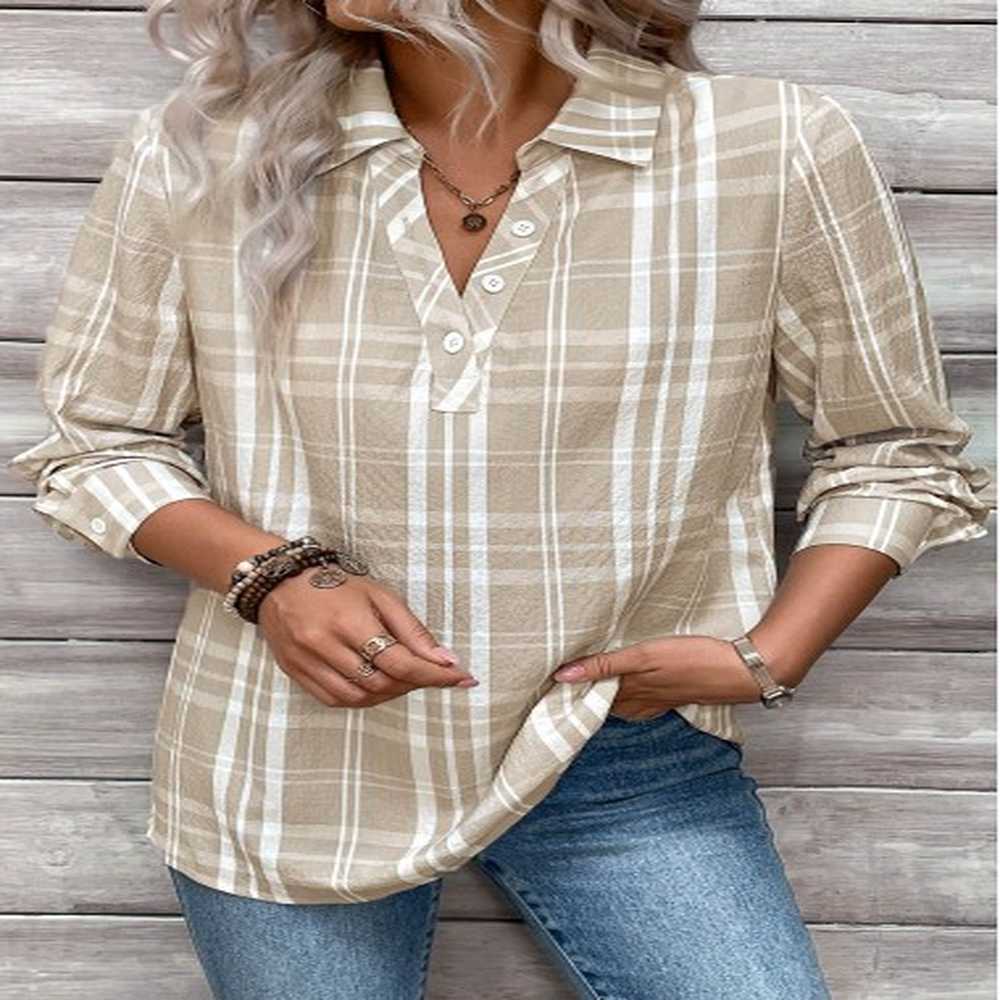 modlily light coffee button plaid long sleeve shirt collar blouse