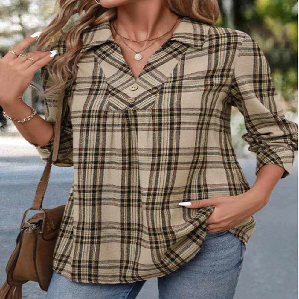 modlily light coffee button plaid long sleeve shirt s