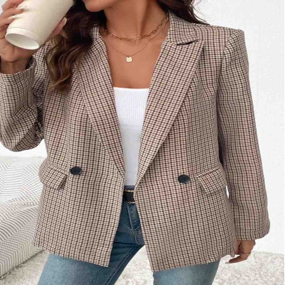 modlily light coffee double side pockets plaid long sleeve blazer
