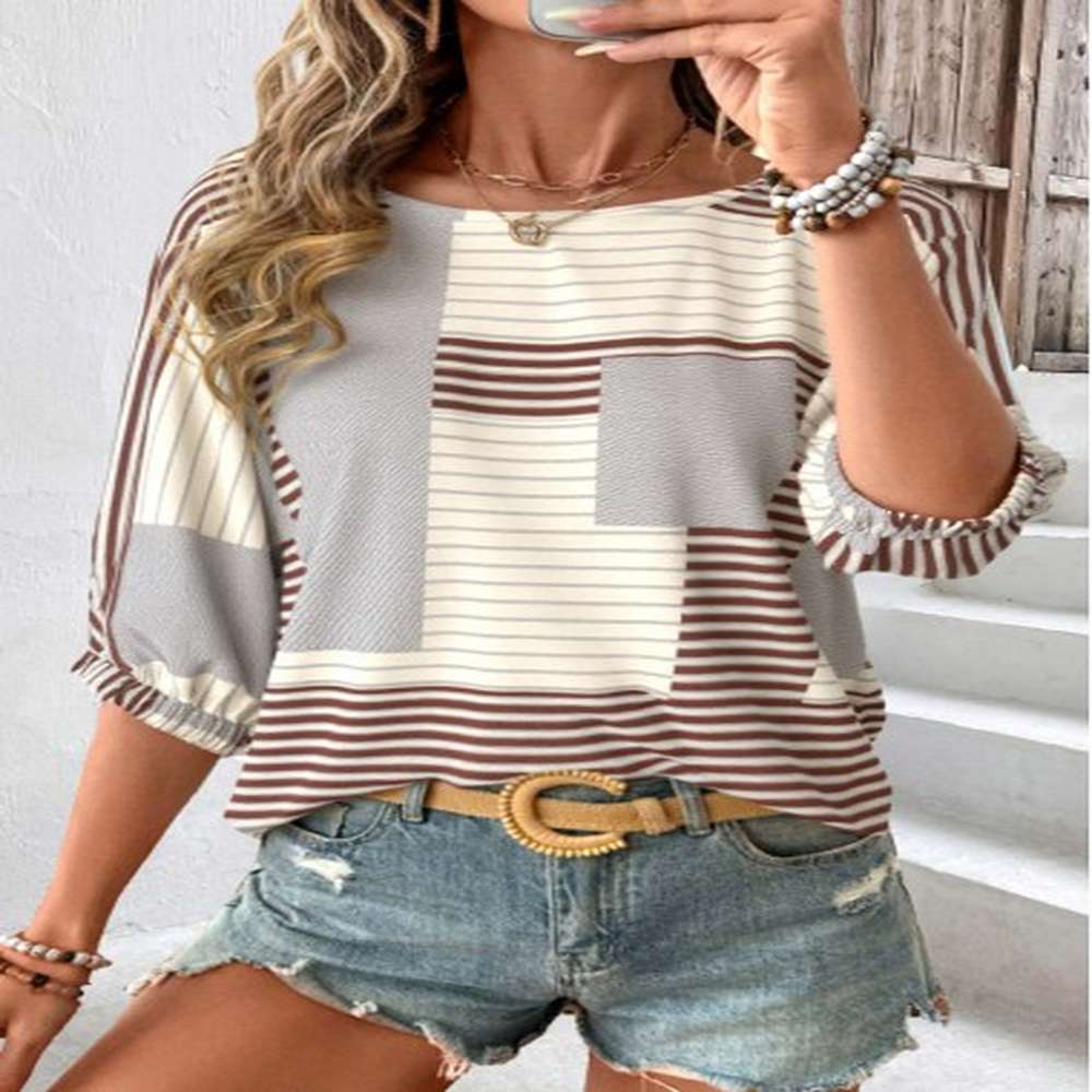 modlily light coffee geometric print sleeve round neck blouse
