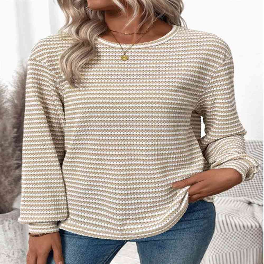 modlily light coffee jacquard long sleeve round neck t shirt