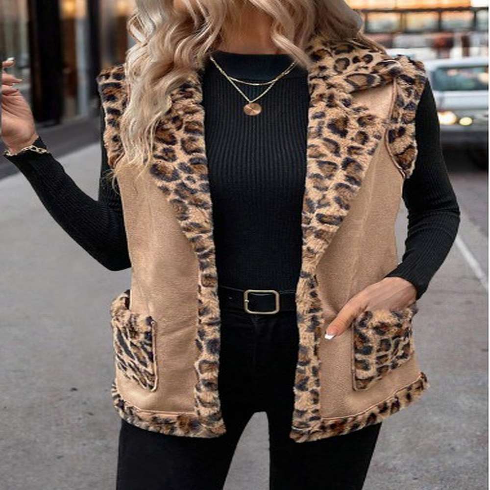 modlily light coffee patchwork leopard sleeveless turn down collar waistcoat